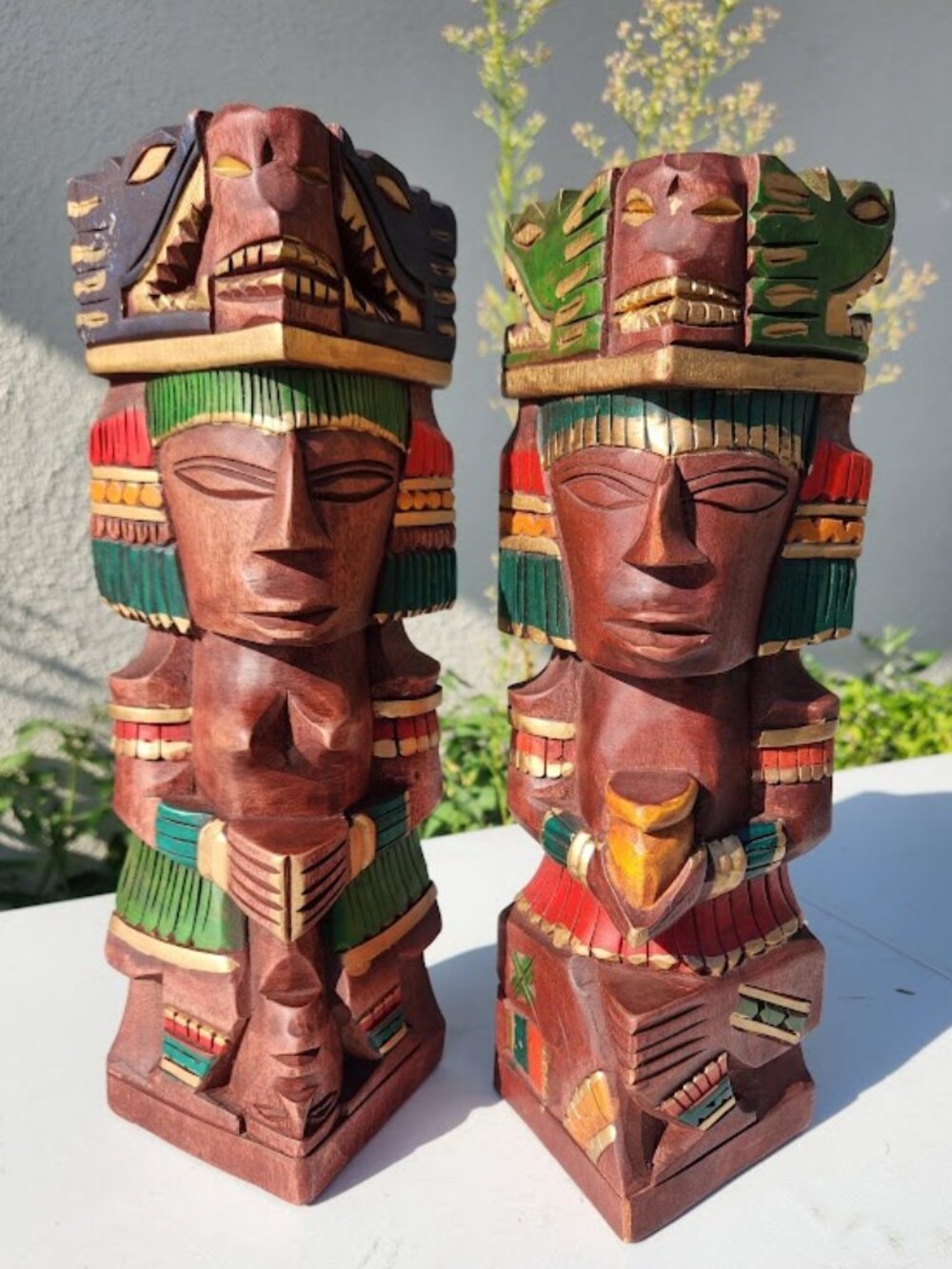 Vintage hand-carved Aztec Mayan Wood Totem Statues Set of 2 Pair Figures Sculptu